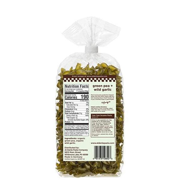 Al Dente green pea + wild garlic plant-based pasta spirals in a clear 227g bag with nutrition facts.