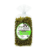 Al Dente green pea + wild garlic plant-based pasta spirals in a clear 227g bag.