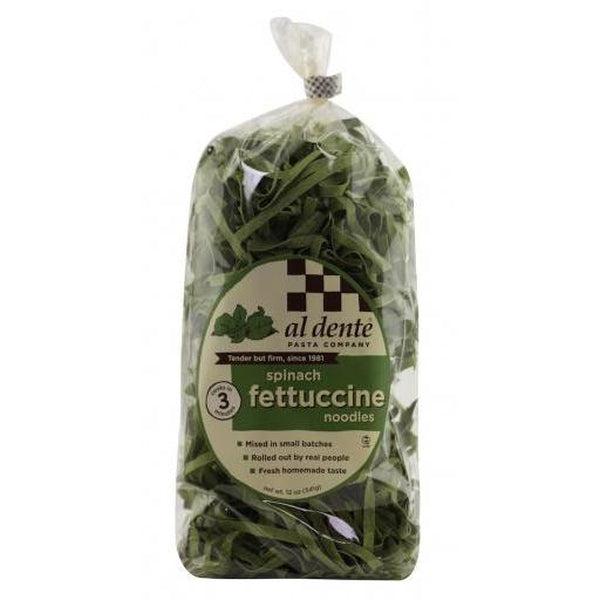 Al Dente Spinach Fettuccine, 341g, in clear plastic packaging with a green and white label.