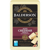 500g block of Balderson Royal Canadian 2-year aged cheddar in black and burgundy packaging with maple leaf accents.