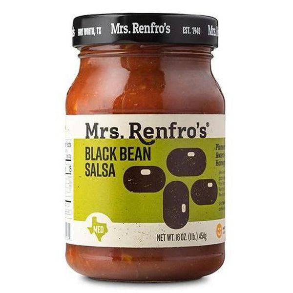 Mrs. Renfro's Black Bean Salsa in a 16 oz glass jar with a black lid and green label.