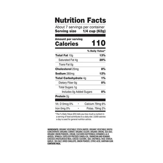 Nutrition facts label for Creamy Alfredo sauce showing serving size, 110 calories, and ingredient list.