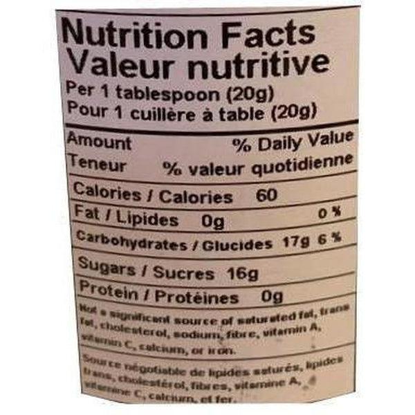 Close-up of a white nutrition facts label with black text for Crerar's Pure Honey.