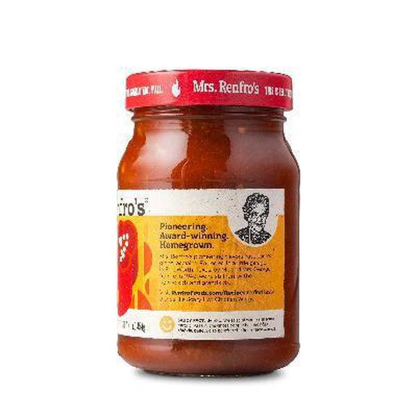 Mrs. Renfro's Ghost Pepper Salsa in a clear glass jar with a red lid and yellow label.