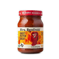 Mrs. Renfro's Ghost Pepper Salsa in a clear glass jar with a red lid and yellow label.