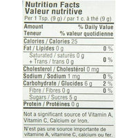 Nutrition facts label in English and French, showing 25 calories, 0g fat, 0mg cholesterol per serving.