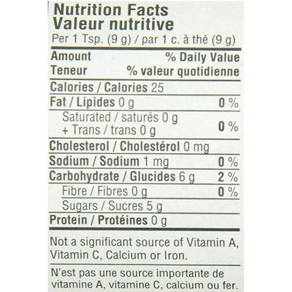 Nutrition facts label in English and French, showing 25 calories, 0g fat, 0mg cholesterol per serving.