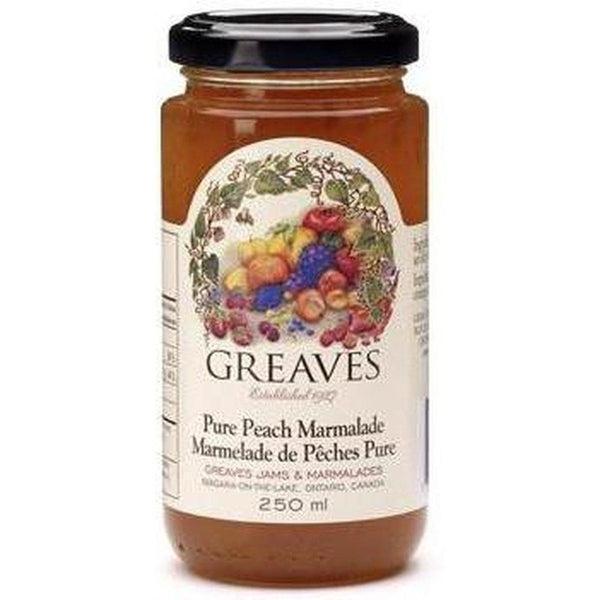Greaves Orange/Peach Marmalade in a clear glass jar with a black lid and fruit label.