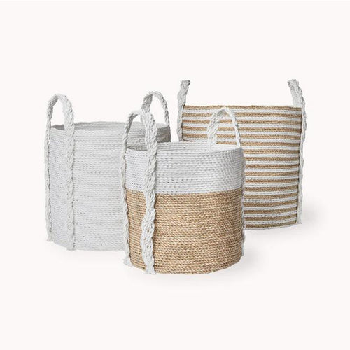Handled Seagrass Baskets - Set of 3 White/Neutral-Decorative Bowls-Balderson Village Cheese Store