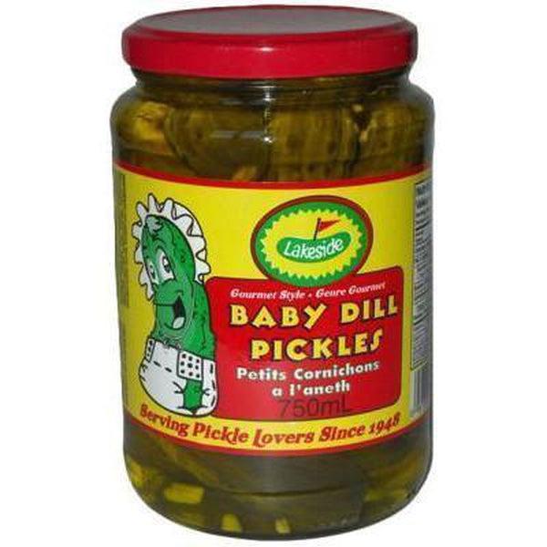 Lakeside Baby Dill Pickles in a 750mL glass jar with a red lid and yellow label featuring a cartoon pickle.