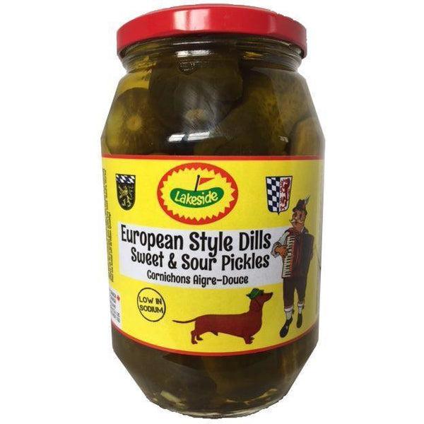 Lakeside European Style Dill Pickles in a clear jar with a red lid and yellow label.