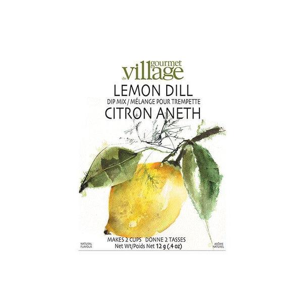 Village Gourmet Lemon Dill Dip Mix packet with watercolor lemon and dill sprig design.