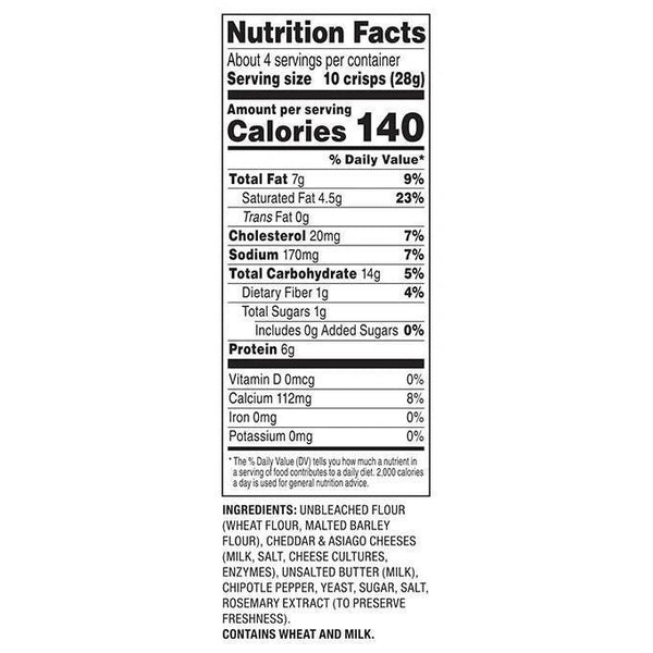 Nutrition Facts label for Macy's Chipotle & Cheddar Cheese Crisps, showing 140 calories per serving.