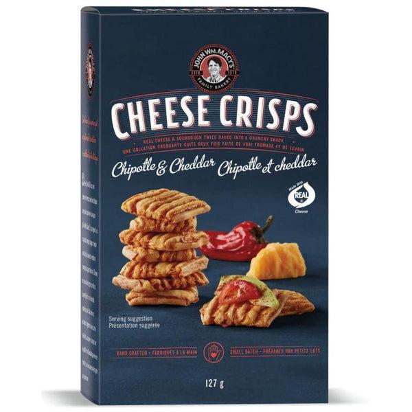 Dark blue box of John Wm. Macy's Chipotle & Cheddar Cheese Crisps, 127g, with stacked crisps, peppers, and cheese.