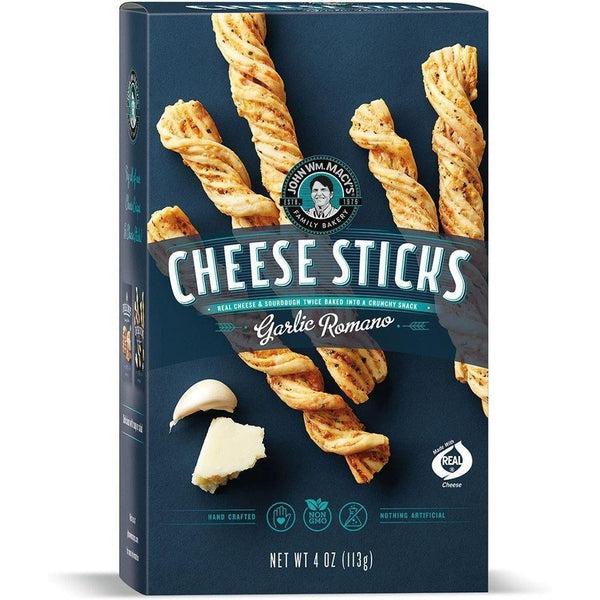 Macy's Garlic Romano Cheese Sticks box, dark blue with golden twisted sticks, garlic clove, and cheese wedge.