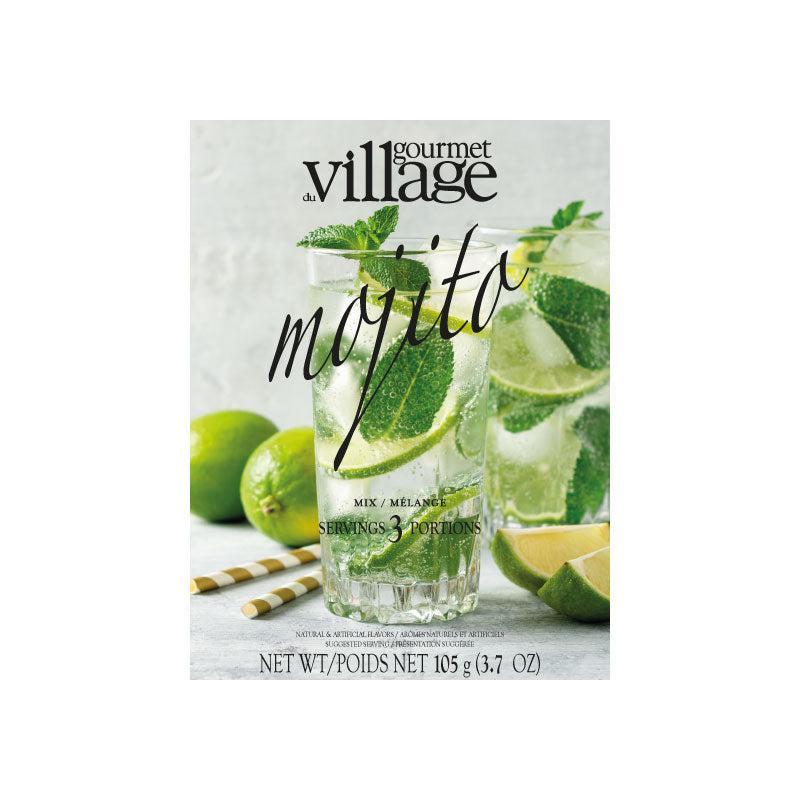 Village Gourmet Mojito Lime Box Mix, 105g pouch, featuring two mojito glasses with lime and mint.
