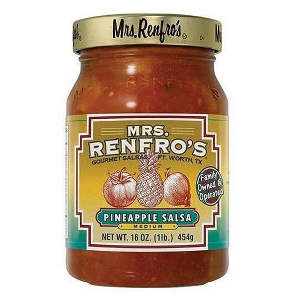 Mrs. Renfro's Pineapple Salsa in a clear glass jar with a gold lid and yellow-green label.