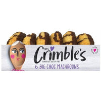 Mrs. Crimble's 6 Big Choc Macaroons, gluten-free, with chocolate coating, on a white wooden label.