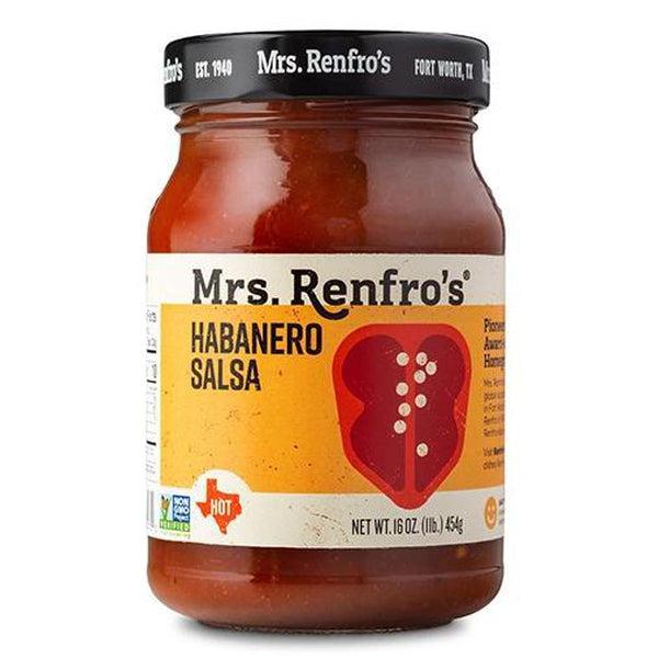 Mrs. Renfro's Habanero Hot Salsa in a 16 oz glass jar with a black lid and yellow label.
