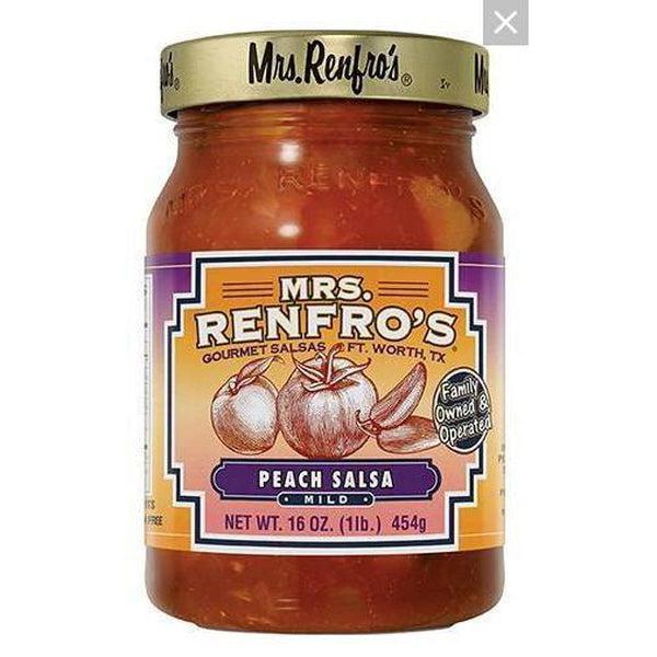 Mrs. Renfro's Peach Salsa in a clear glass jar with a gold lid and a colorful label.