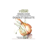 White packet for Village Gourmet Onion Chive Dip Mix, featuring an artistic onion illustration.