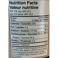 Nutrition Facts label for Sweet Ontario Pure Maple Syrup, showing calories, fat, sodium, carbs, sugars, and protein.