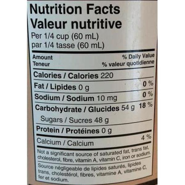 Nutrition Facts label for Sweet Ontario Pure Maple Syrup, showing calories, fat, sodium, carbs, sugars, and protein.