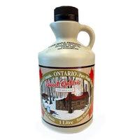 1L jug of Sweet Ontario Pure Maple Syrup with a rustic cabin label and black cap.